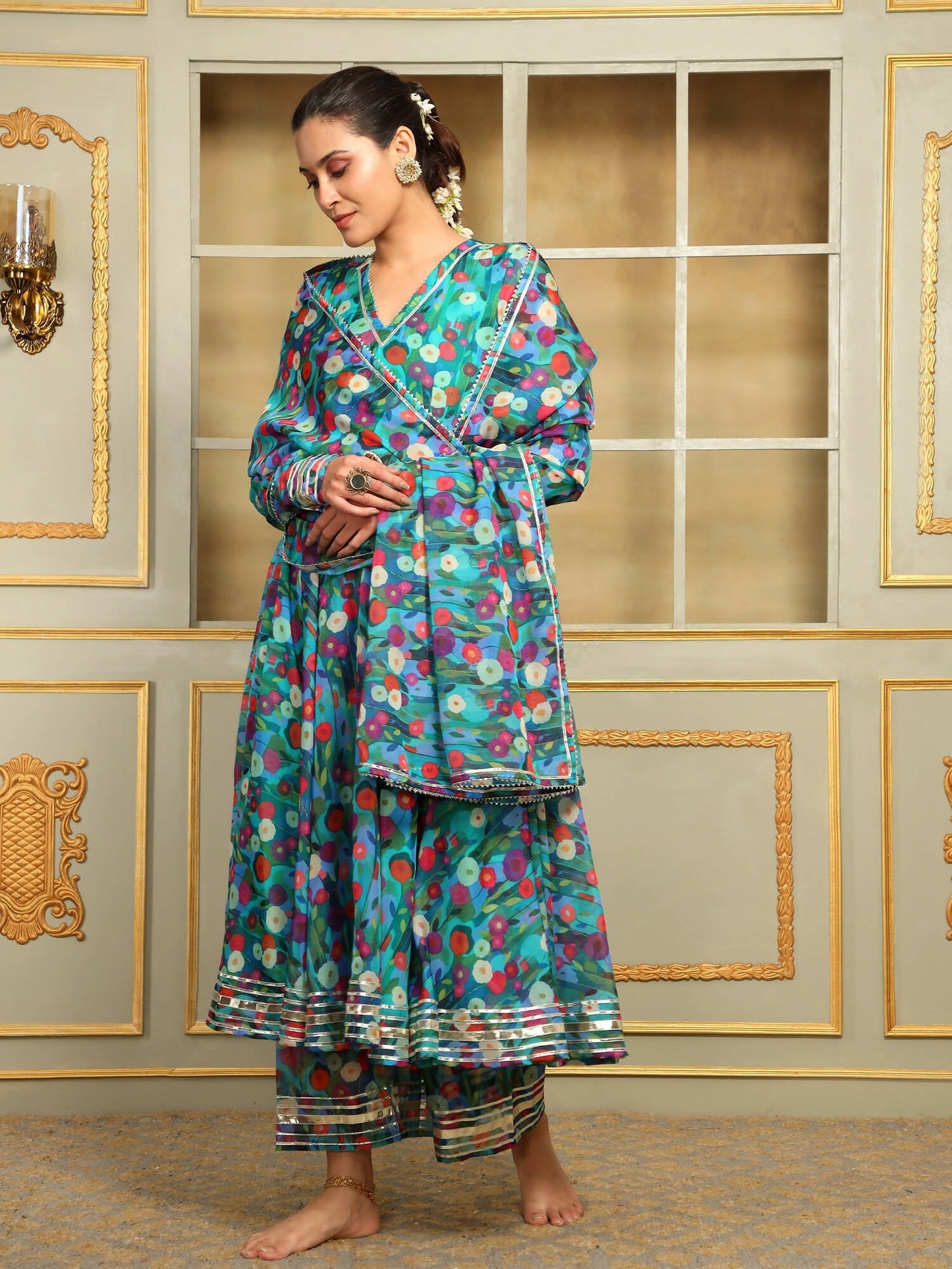 Pomcha Jaipur Blue Saadgi Phulwari Anarkali Set | Swadesiicart