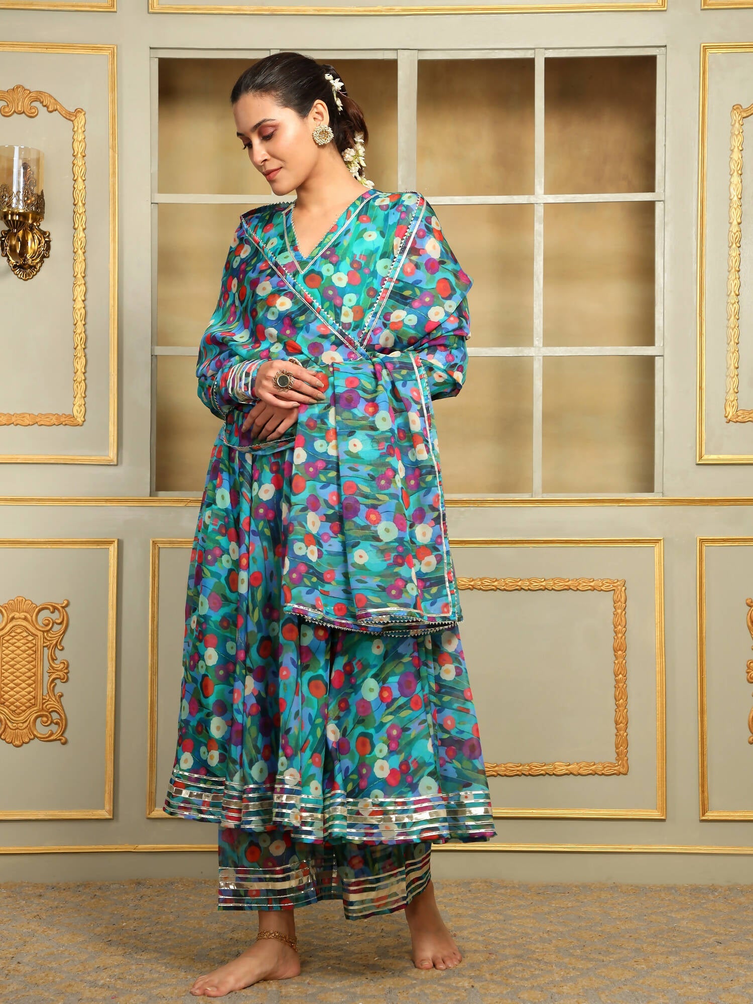 Pomcha Jaipur Blue Saadgi Phulwari Anarkali Set | Swadesiicart