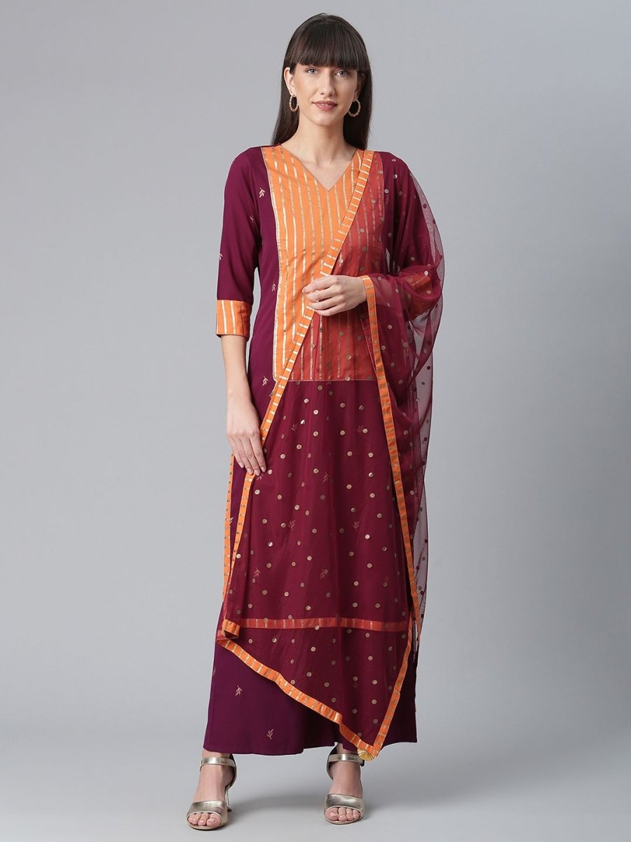 Ahalyaa Wine Crepe Solid Kurta Palazzo Set With Printed Dupatta | Swadesiicart