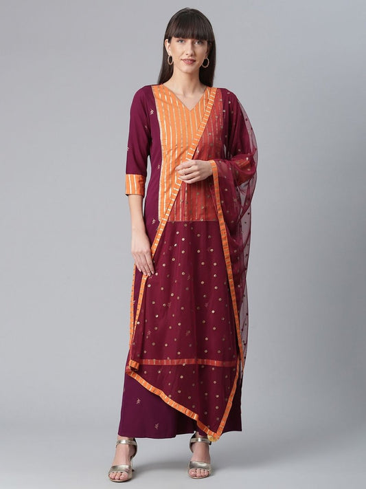 Ahalyaa Wine Crepe Solid Kurta Palazzo Set With Printed Dupatta | Swadesiicart