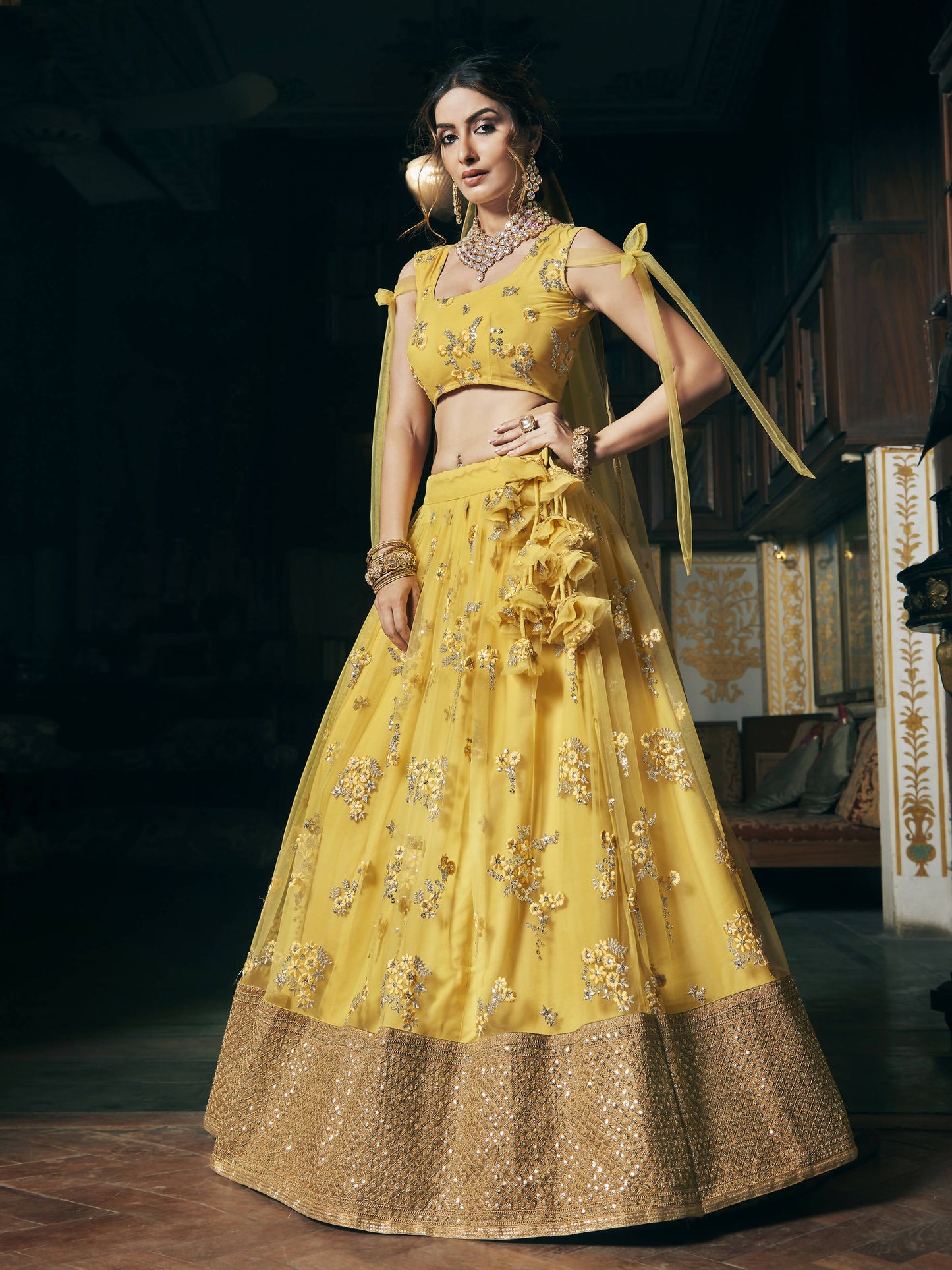 Wedding Designer Sequene Zari Resham Embroidery Yellow Net Lahengha Choli - Anbazaar | Swadesiicart