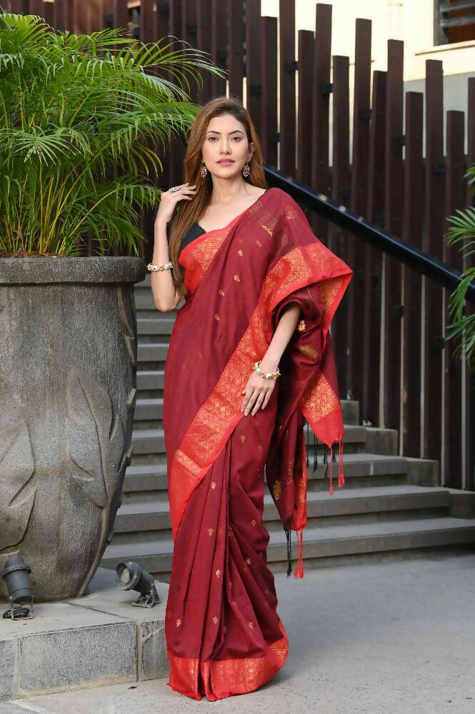 Beatitude Red Cotton Banarasi Saree | Swadesiicart