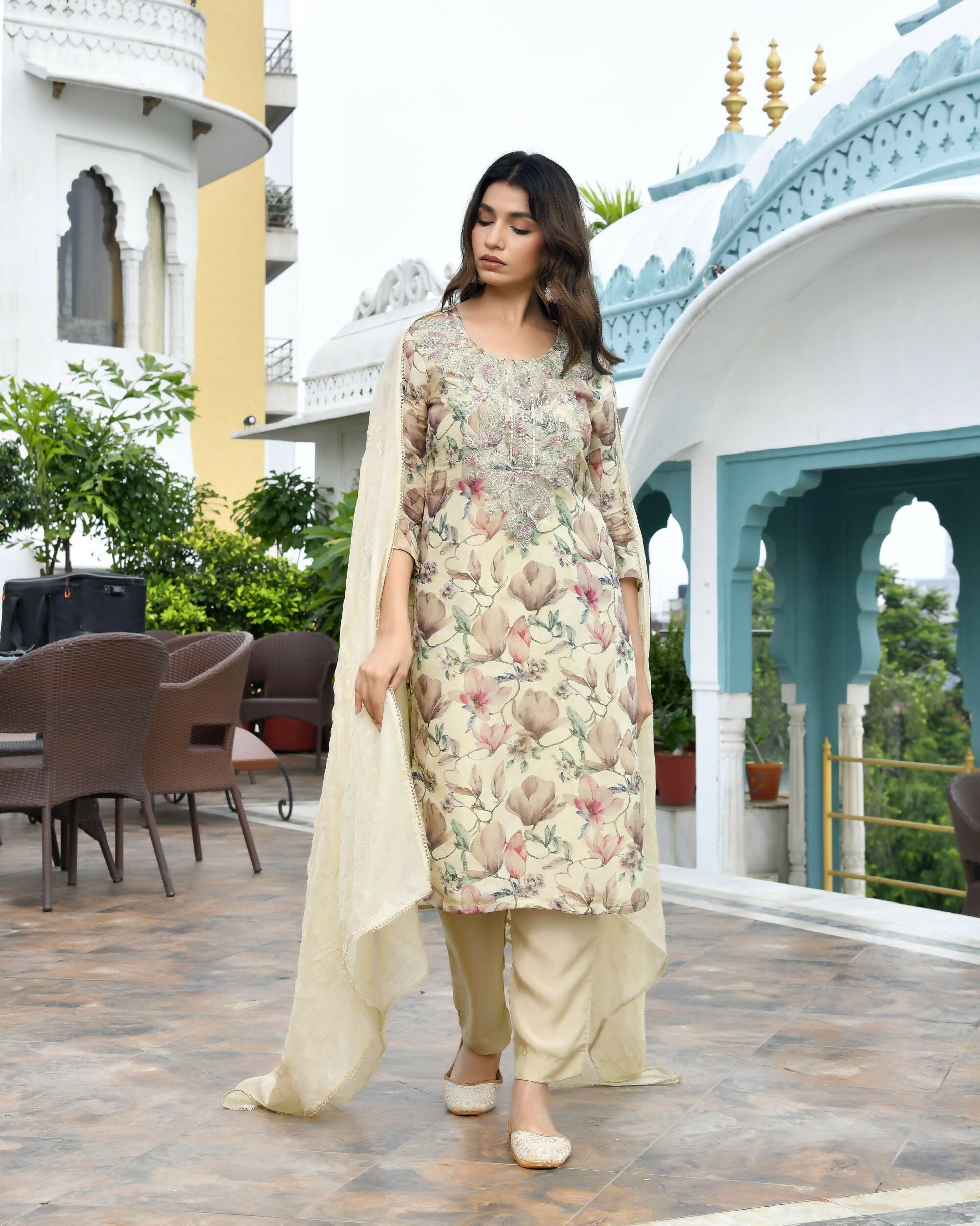 Vaasva Women's Cream Tissue Embroidered Suit Set With Solid Pant And Embroidered Dupatta | Swadesiicart