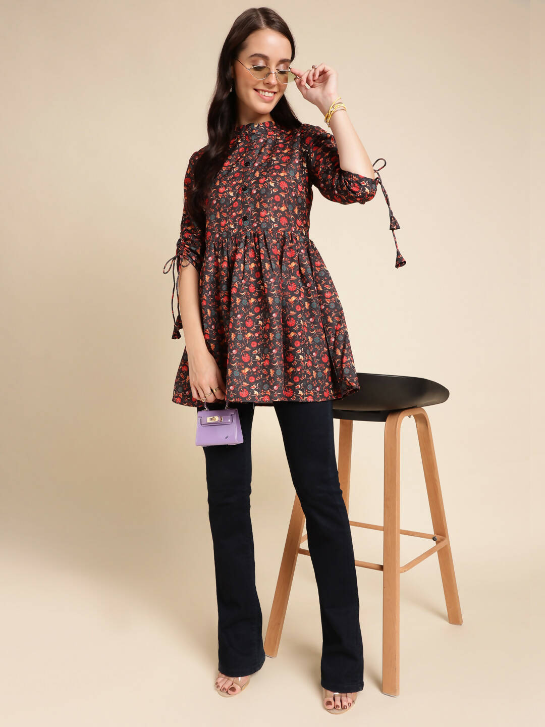 Black Poly Rayon Digital Printed A-line Top - Tarini - Swadesiicart