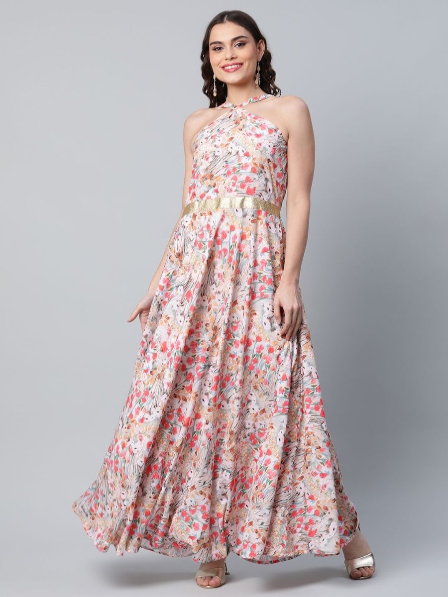 Ahalyaa Women Crepe Printed Classic White Romantic Florals Dress | Swadesiicart