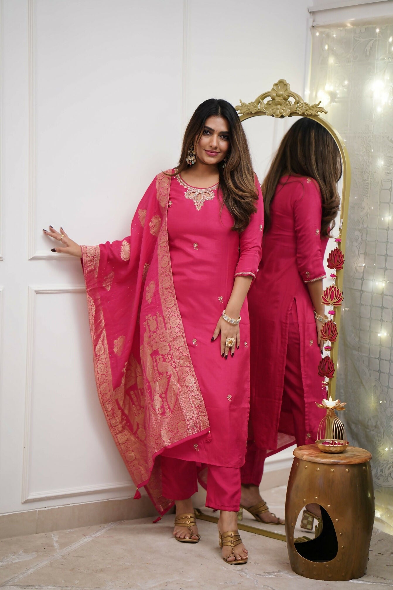 The52 Gajri Women's Gorgeous Embroidered Viscose Chanderi Fabric Straight Kurta Pant with Dupatta Set - Swadesiicart