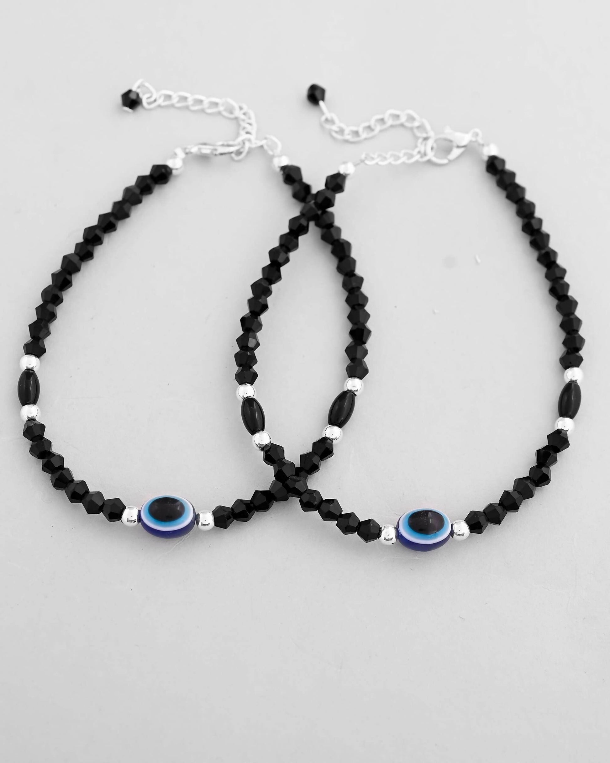 VOJ Set of 2 Evil Eye Black Beads Adjustable Anklet - Swadesiicart