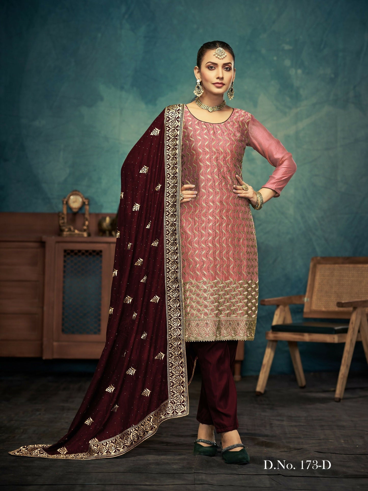 Anaita Peach Premium Embroidered with servos waki diamond Vichitra Silk Stitched Salwar Suit