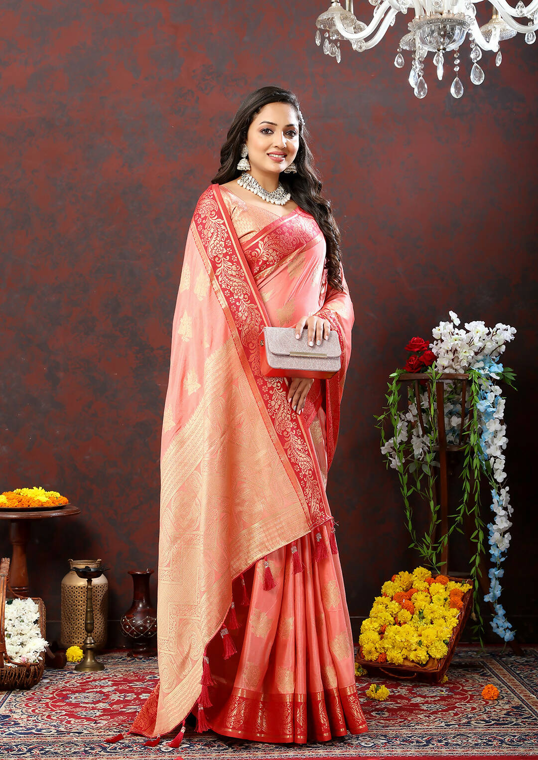 Lorenvalley Fashion Peach Cotton Woven Design with Zari Weaving Design Saree - Swadesiicart