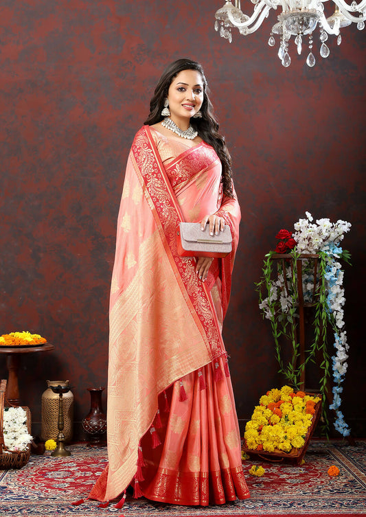 Lorenvalley Fashion Peach Cotton Woven Design with Zari Weaving Design Saree - Swadesiicart
