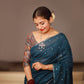 Blue Pure Linen Ethnic Motifs Saree with Unstitched Blouse - Hiral Fashion | Swadesiicart