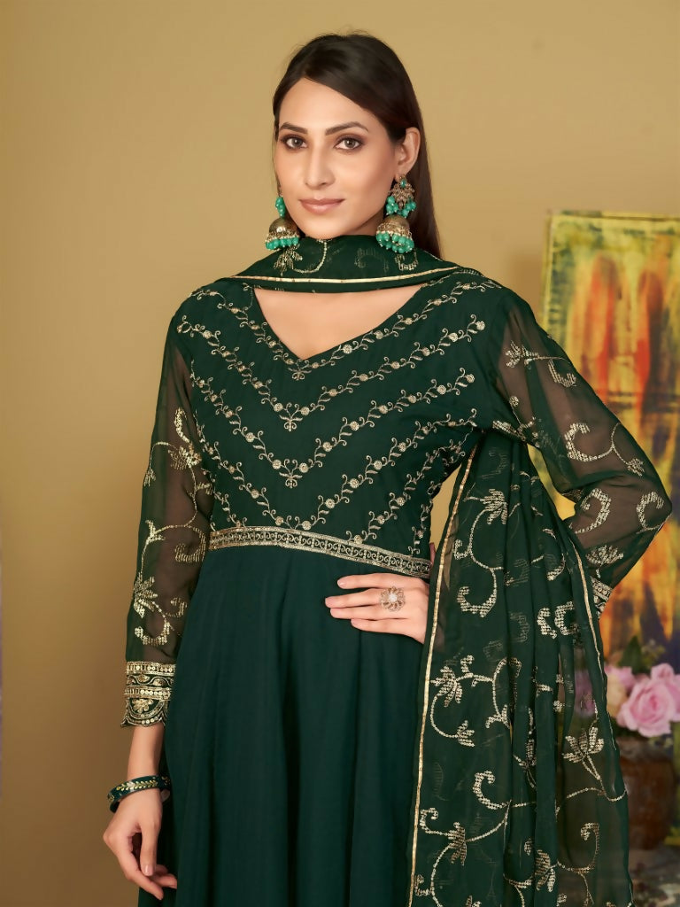 Jyoti Fashion Women's Bottle Green Georgette Embroidered Anarkali Kurta Pant Set With Dupatta | Swadesiicart