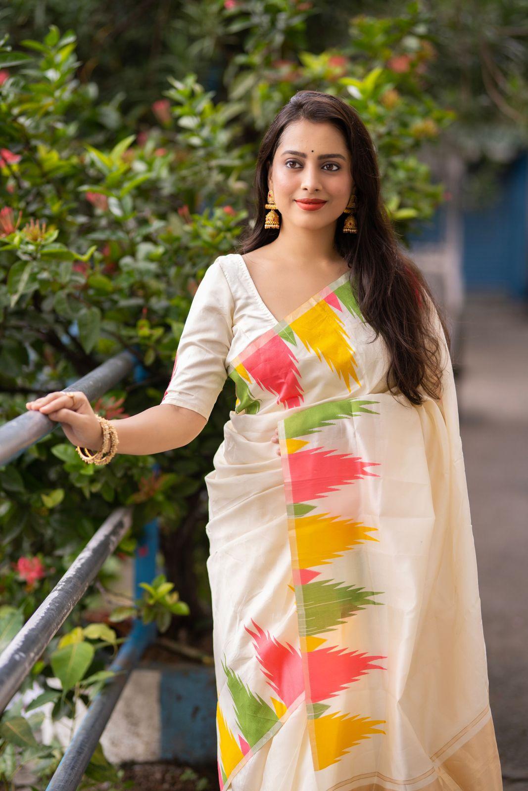 Cream Polycotton Woven Design Saree with Unstitched Blouse - Hiral Fashion | Swadesiicart