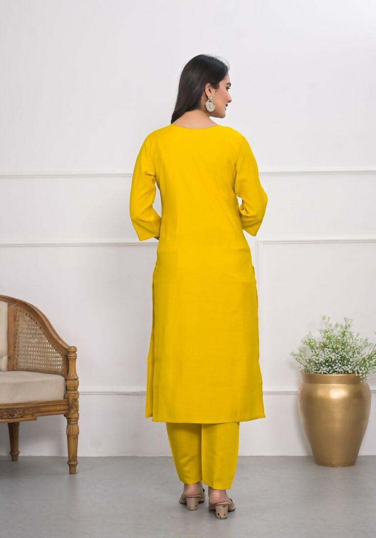 Yellow Viscose Silk Embroidery with Thread and sequence Stitched Suit With Dupatta - Tanisha | Swadesiicart