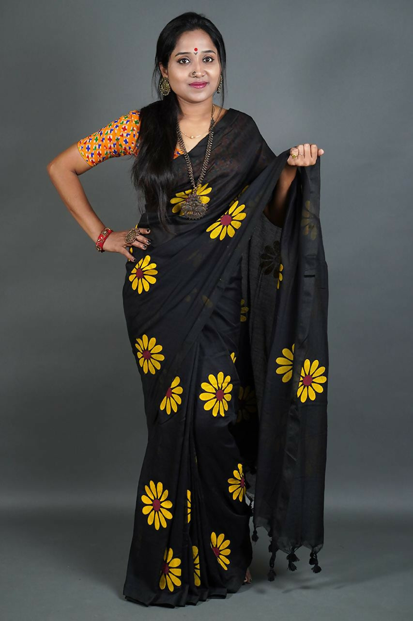 Exclusive Collection Black Pure Cotton Saree With Sunflower Design - Swadesiicart