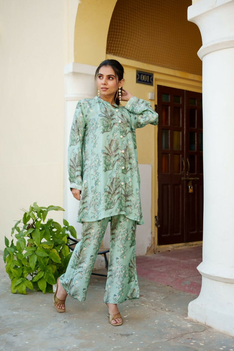 Vaasva Women Sky Blue Muslin Embroidered Shirt & Pant Set - Swadesiicart