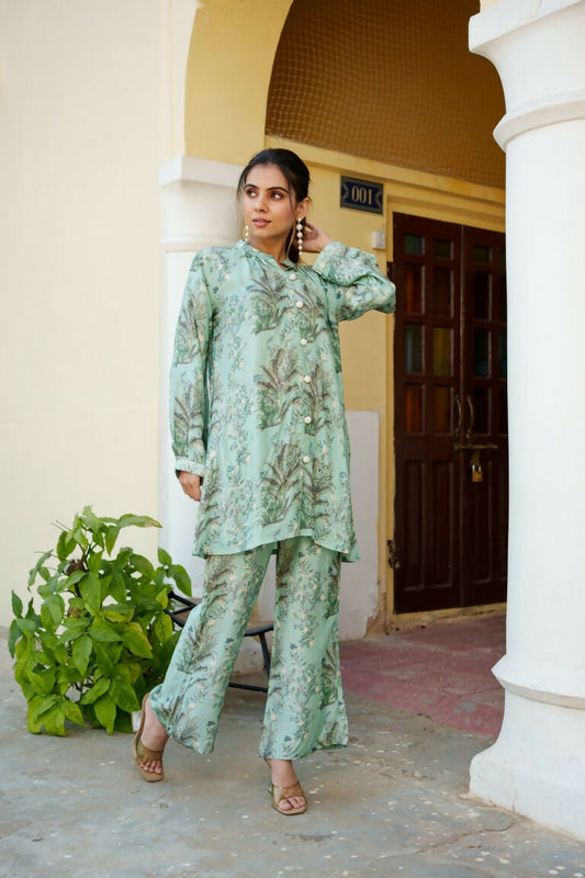 Vaasva Women Sky Blue Muslin Embroidered Shirt & Pant Set - Swadesiicart