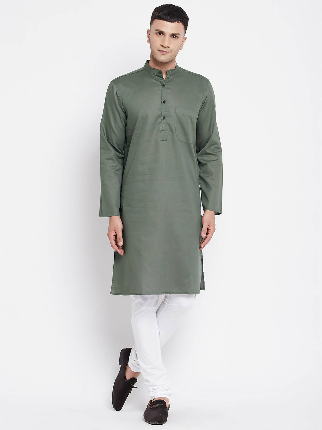 Even Apparels Green Color Linen Men's Kurta With Band Collar | Swadesiicart