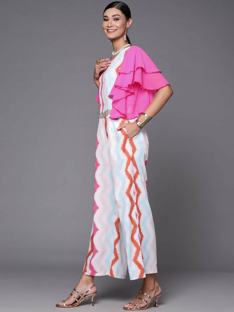 Ahalyaa White & Pink Zig Zag Striped Basic Jumpsuit - Swadesiicart