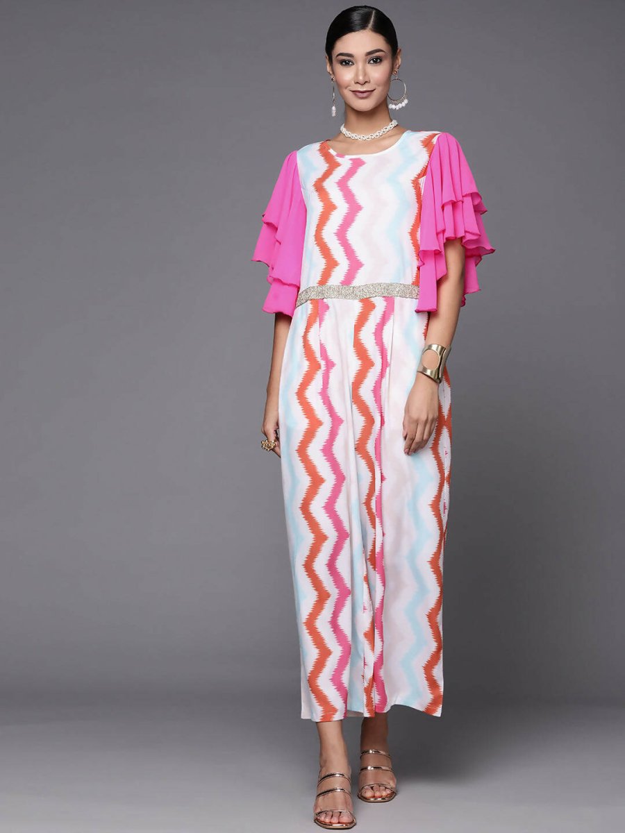Ahalyaa White & Pink Zig Zag Striped Basic Jumpsuit - Swadesiicart