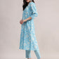 Aavyora Women's Sky Blue Floral Printed A-Line Kurta with Pintucks, Striped Pants & Dupatta Set