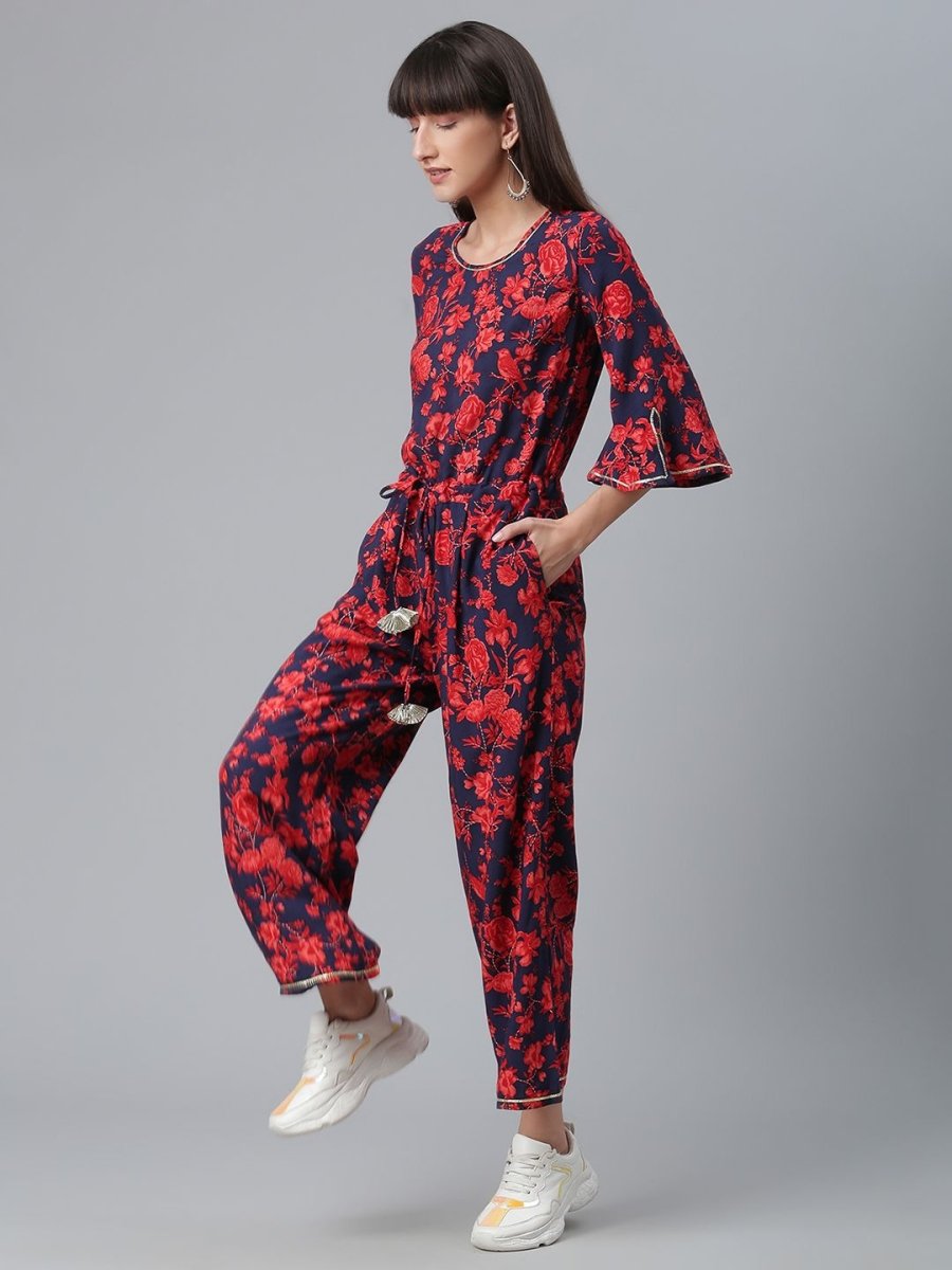 Ahalyaa Womens Navy & Red Rayon Printed Jumpsuit | Swadesiicart