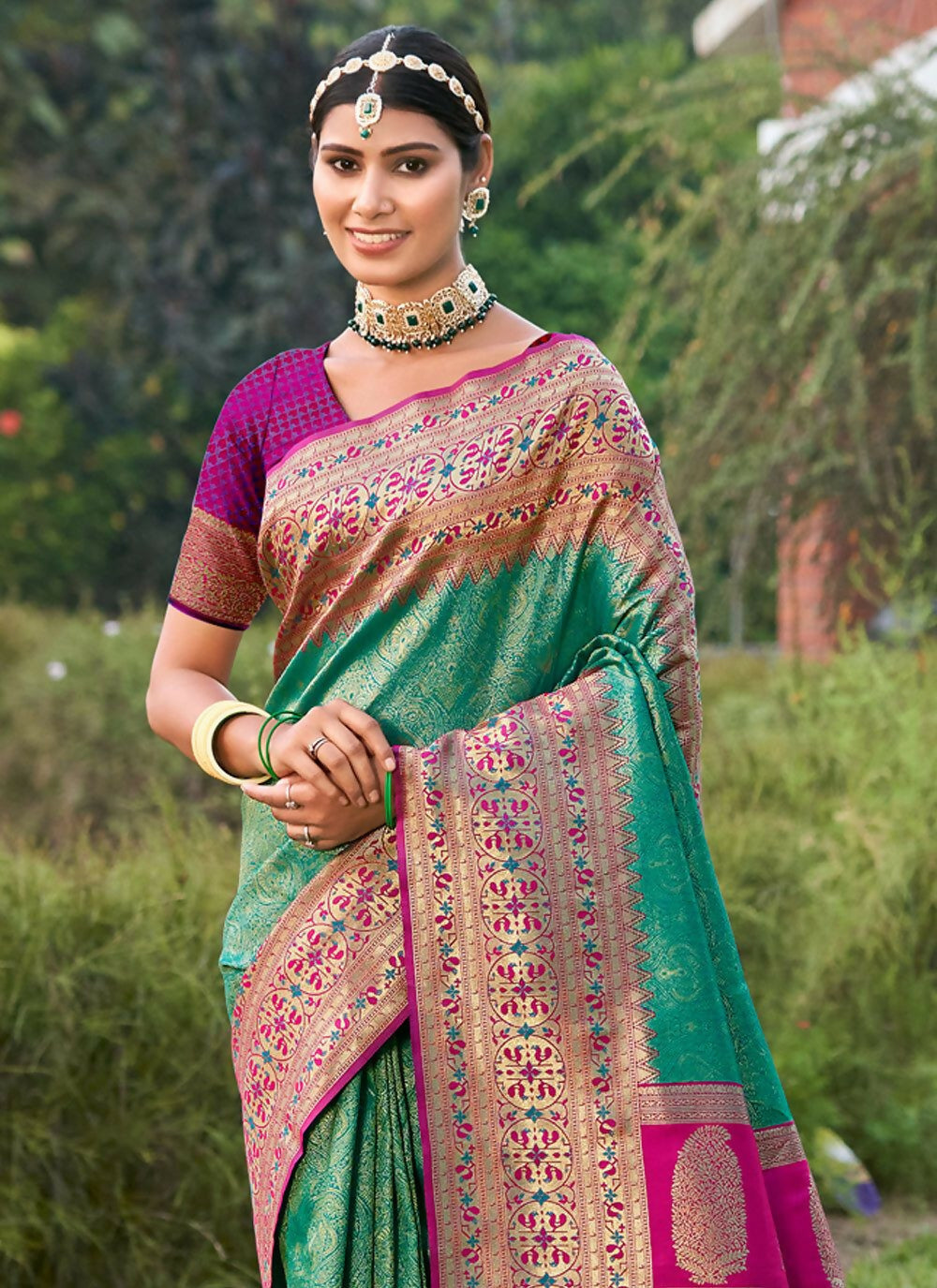 Shree Shyam Fashion Rama Green Banarasi Silk Saree