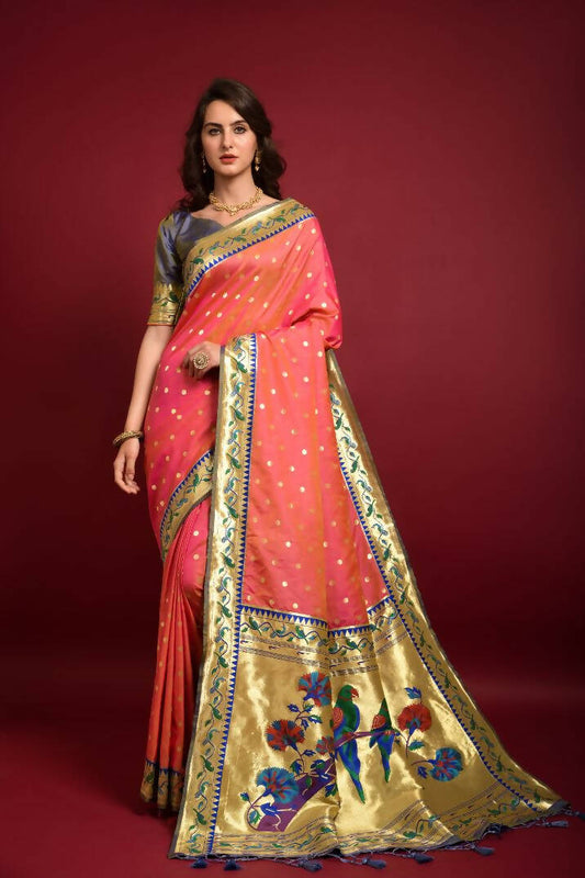 Vishnu Weaves Women's Pink Paithani Silk Zari Woven Saree with Unstitched Blouse - Swadesiicart