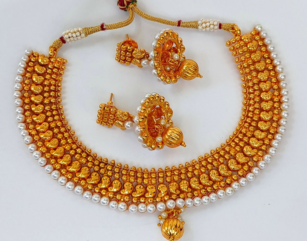 Metallic Mango Necklace Set With White Beads - Mokshi Collections