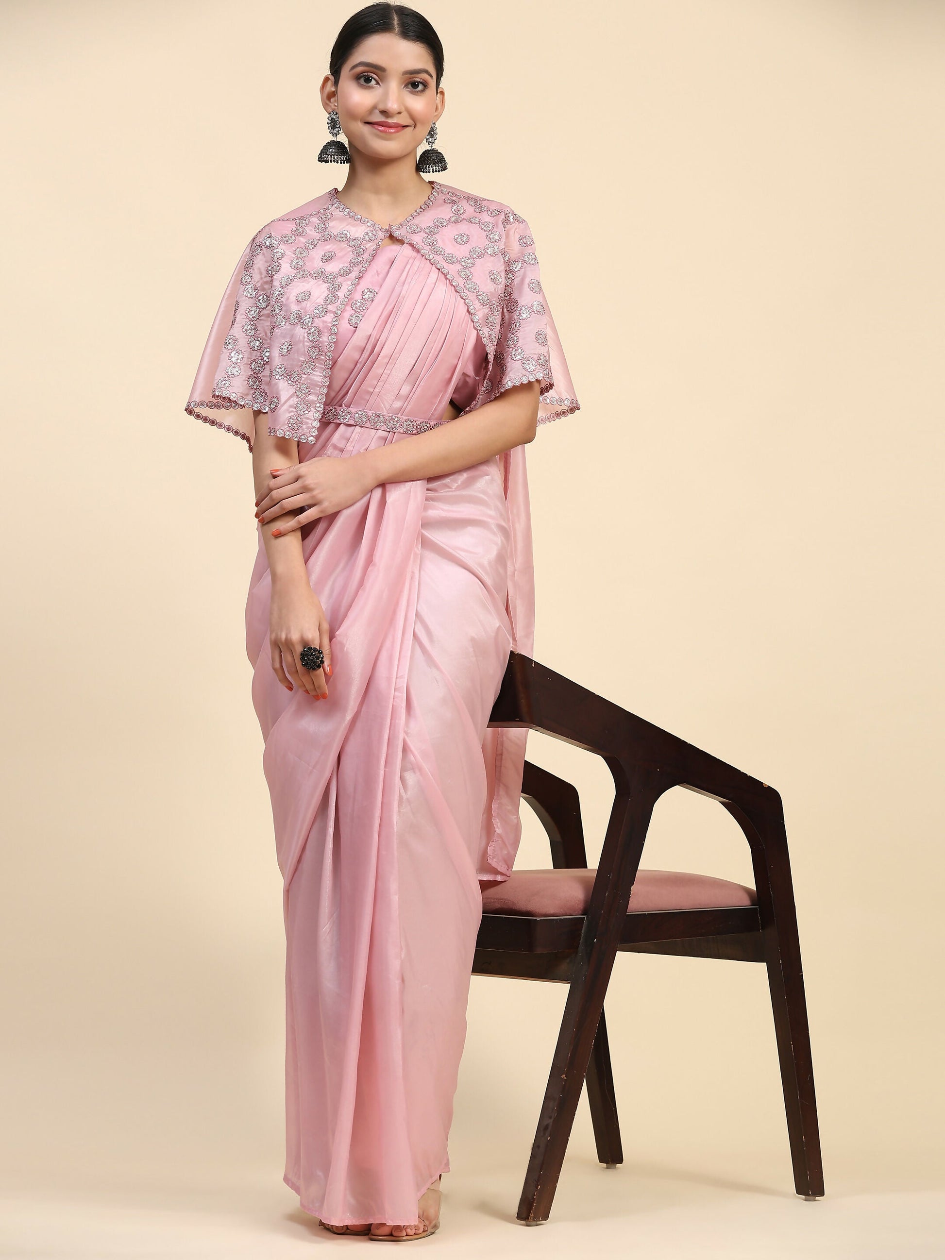 Pink Satin Solid Ready to wear Saree with stitched Blouse - Vanita | Swadesiicart