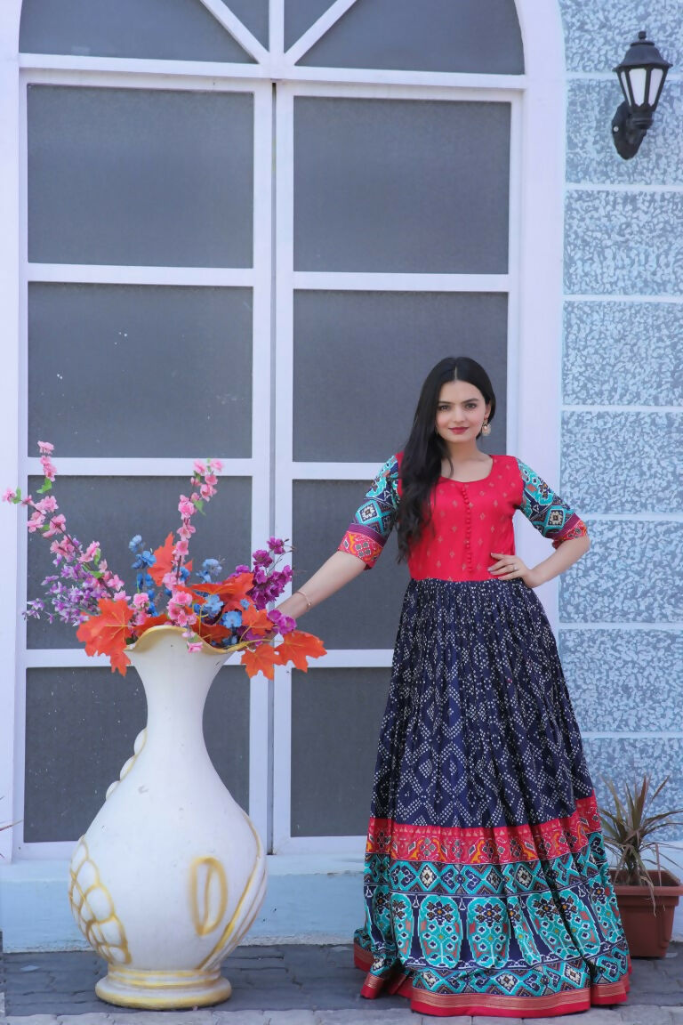 Jyoti Fashion Women's Navy Blue Patola with Foil Print Dola Silk Anarkali Dress | Swadesiicart