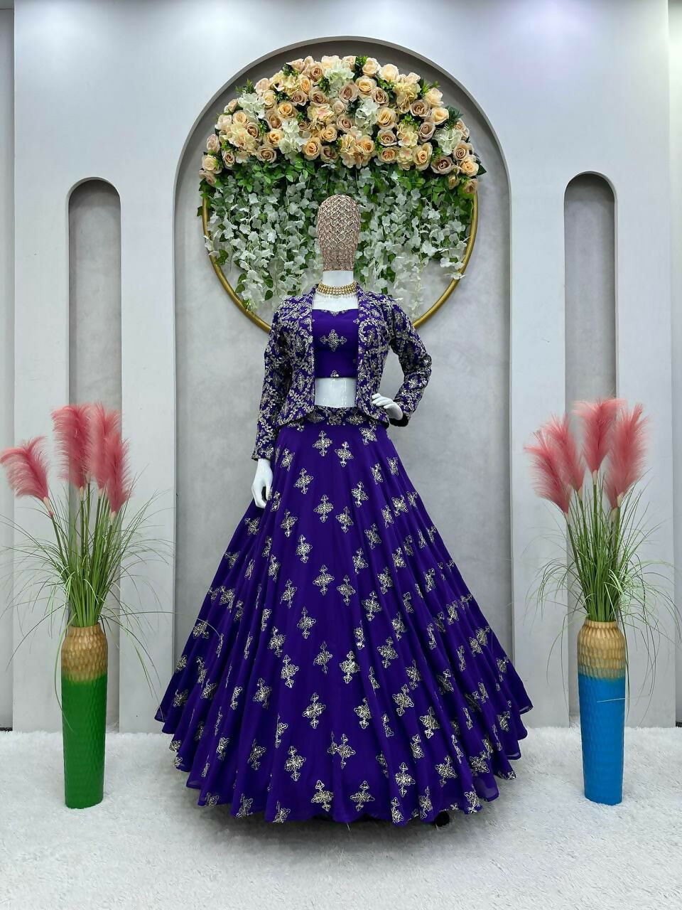 Jyoti Fashion Women's Royal Blue Faux Georgette Sequins with Thread Embroidered Designer Lehenga Choli with Jacket Set | Swadesiicart