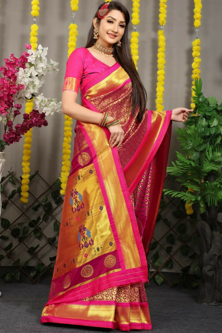 Jyoti Fashion Women's Magenta Banarasi Silk Zari Woven Saree with Blouse | Swadesiicart