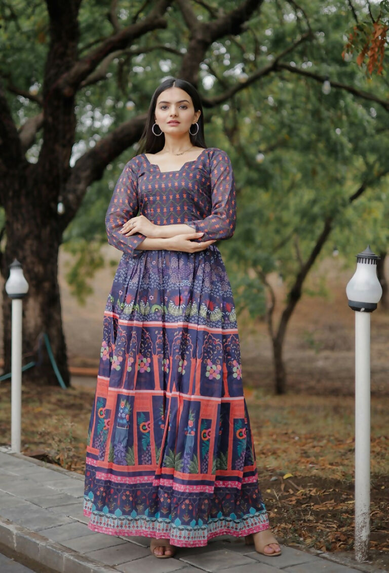 Jyoti Fashion Women's Purple Heavy Digital Printed Pure Chanderi Anarkali Dress | Swadesiicart
