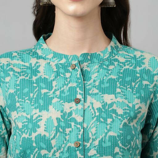 FIORRA Women's Floral Printed Teal Green Pure Cotton Straight Kurta - Swadesiicart