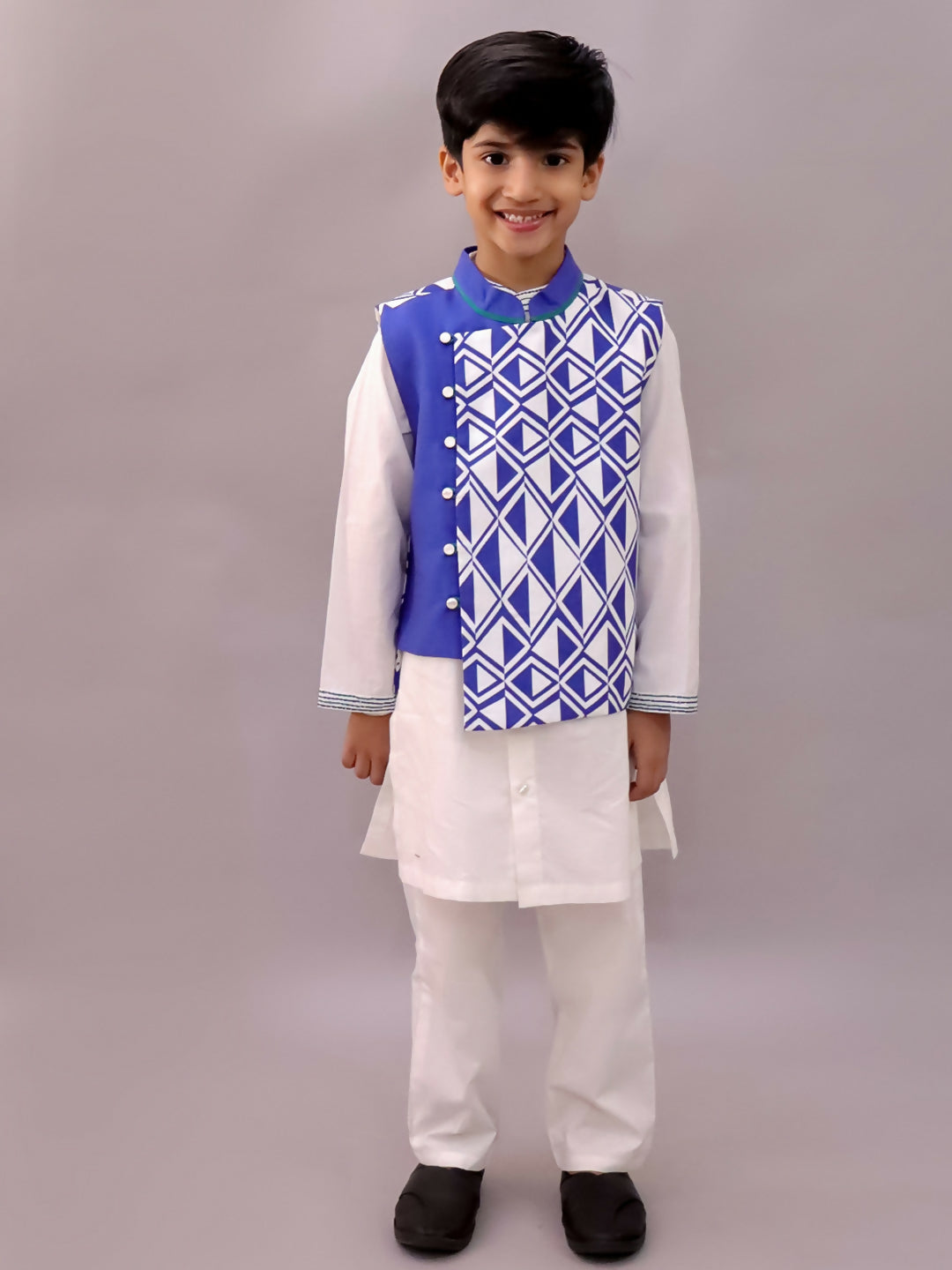 Lil Drama Shor-Gul White Kurta Pyjama with Blue Jacket Set For Boys | Swadesiicart