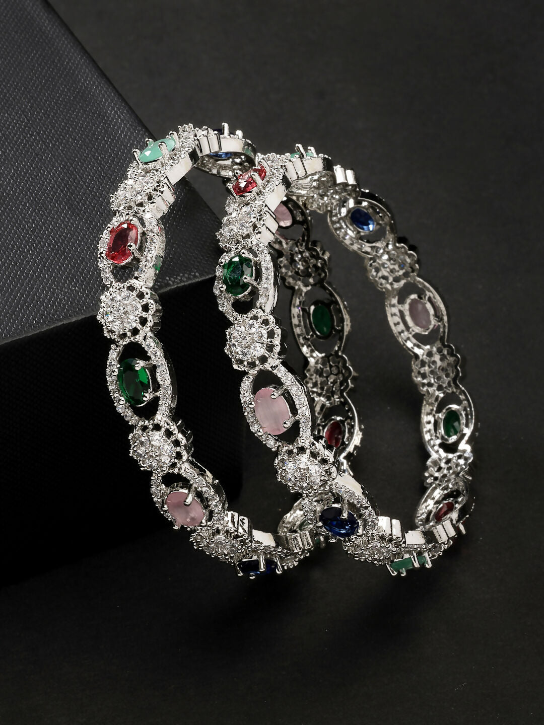 NVR Women's Set of 2 Multi-Coloured CZ Stone-Studded Handcrafted Bangles - Swadesiicart