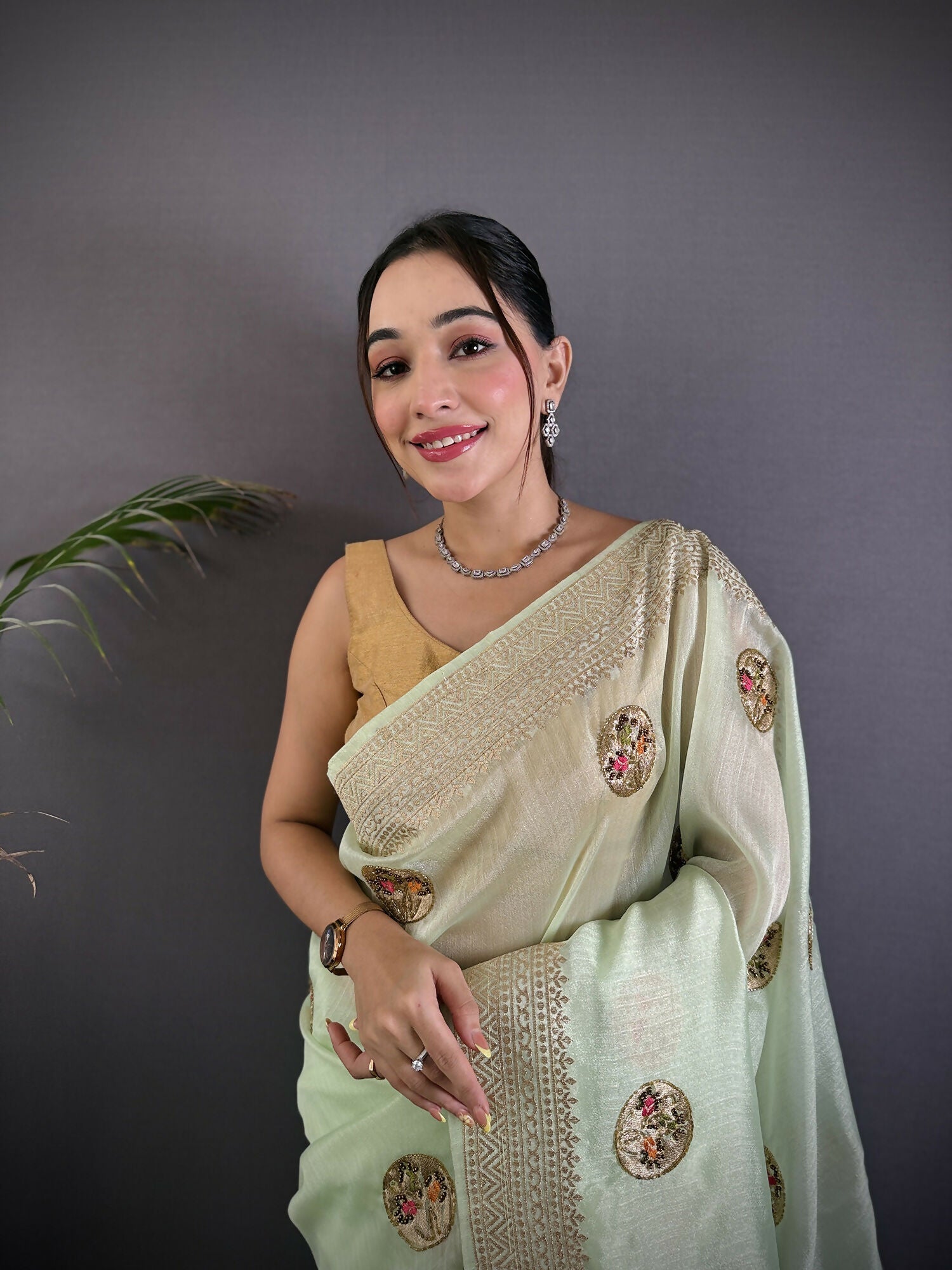 Joban Fashion Light Green Handloom Banarasi Organza Silk Khatali Butta Work Saree | Swadesiicart