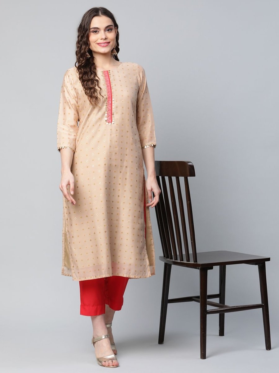 Ahalyaa Women Beige Colour Chanderi Printed Kurta Pant Set | Swadesiicart