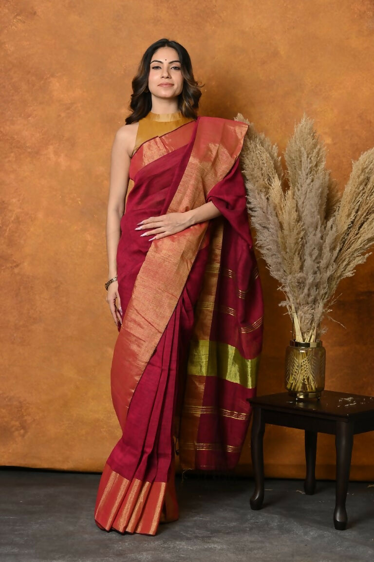 Very Much Indian Handloom Pure Cotton Linen Saree With Golden Border - Maroon | Swadesiicart