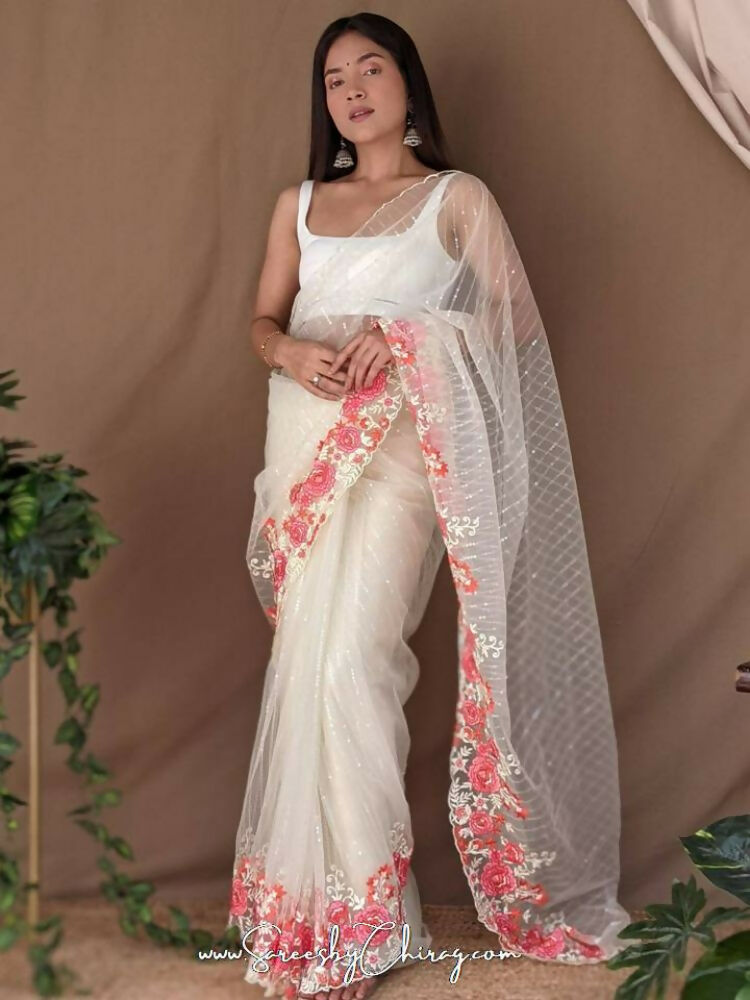 Vamsee Murari White Super Net Saree - Swadesiicart