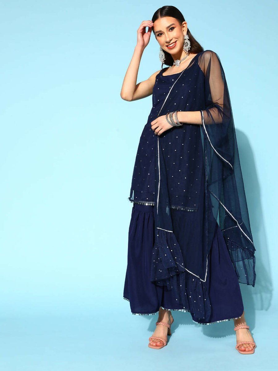 Ahalyaa Women Navy Blue Colour Crepe Foil Printed Kurta Sharara Set With Dupatta - Swadesiicart