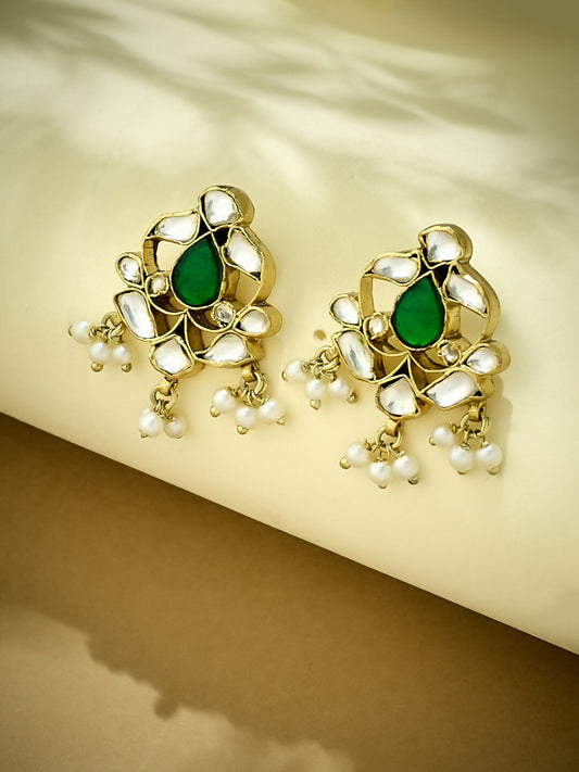 Nuyug 22K Gold-Plated Elegant Kundan & Green Stone Studded Pearl Drops Studs | Swadesiicart