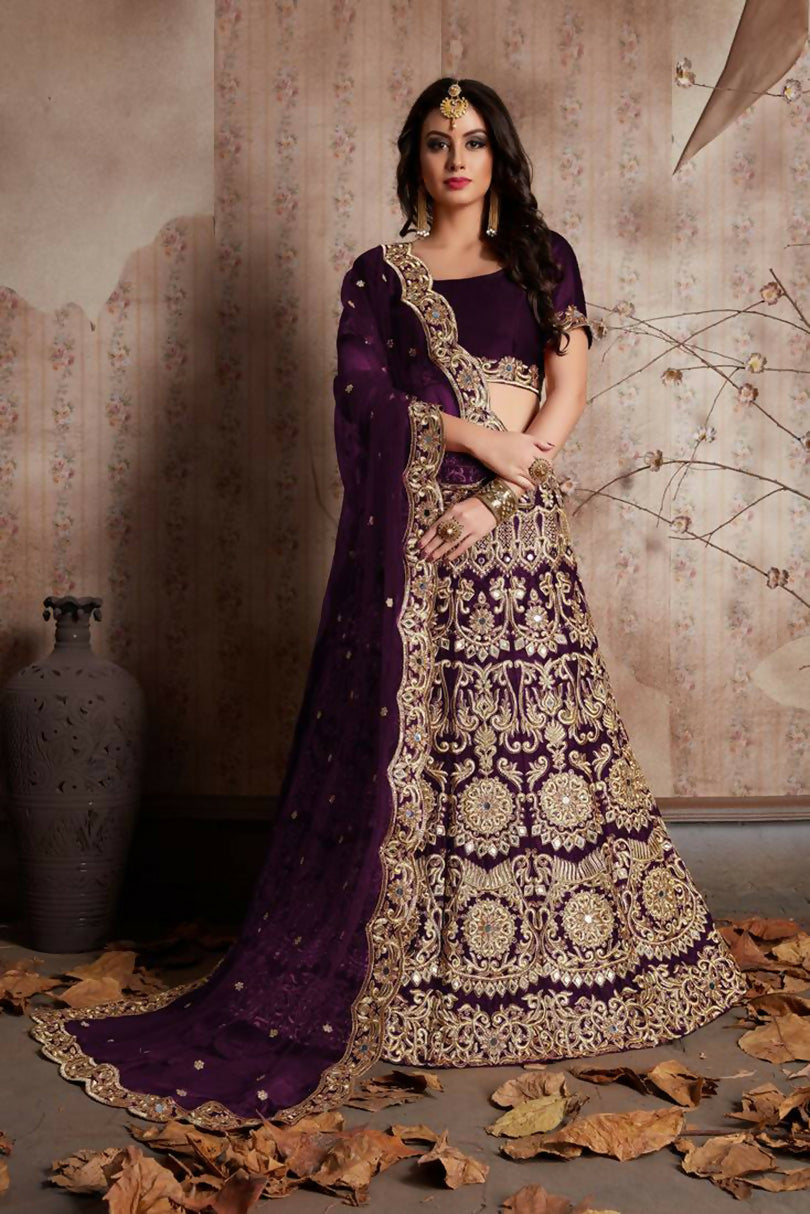 Jyoti Fashion Mesmerizing Wine Sequins Embroidered Velvet Lehenga Choli with Dupatta | Swadesiicart