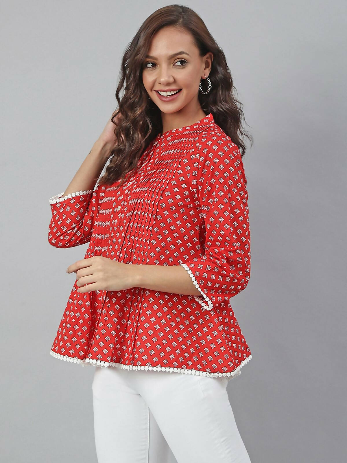 Janasya Women's Red Cotton Floral Print Flared Top | Swadesiicart