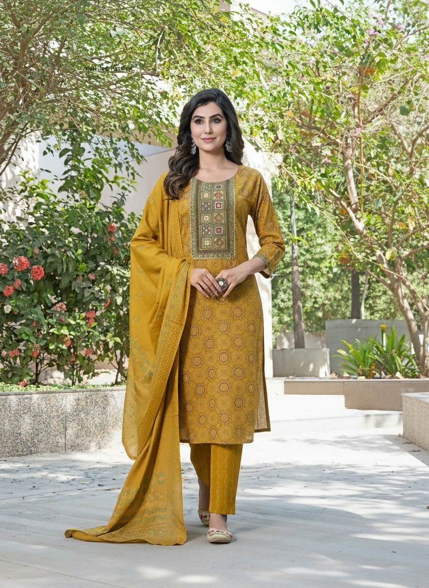 BulBul Aaliya Bright Mustard Cotton Kurta Set with Dupatta - Swadesiicart