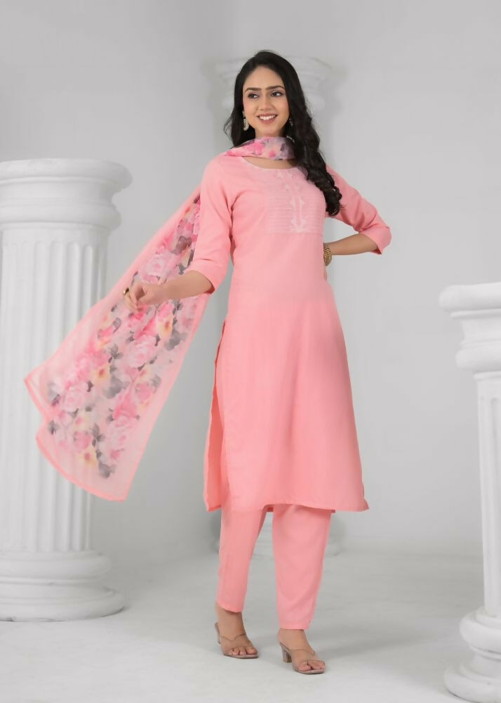 Ethnic Festive Wear Reyon Baby Pink Stitched Suit With Dupatta - Tanisha | Swadesiicart