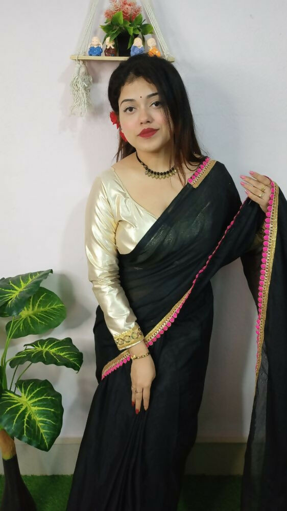 Exclusive Collection Beautiful Khadi Cotton Handloom Saree With Beautiful Zari Border - Black - Swadesiicart