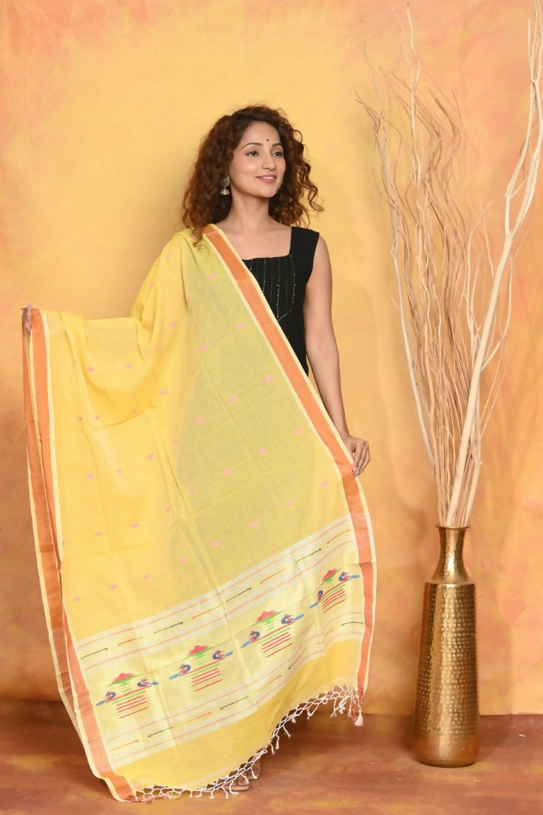 Very Much Indian Handloom Pure Cotton Paithani Dupatta - Yellow | Swadesiicart