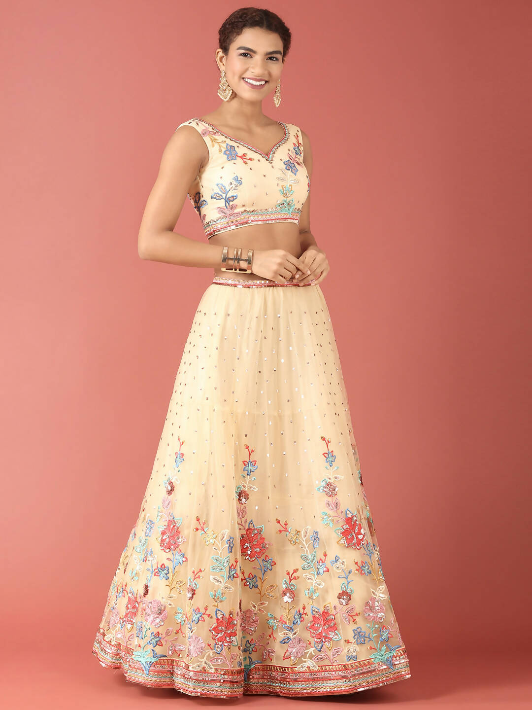 House of Panchhi Cream Net Multi colour Thread & Sequinse Work Lehenga & Blouse, Dupatta | Swadesiicart